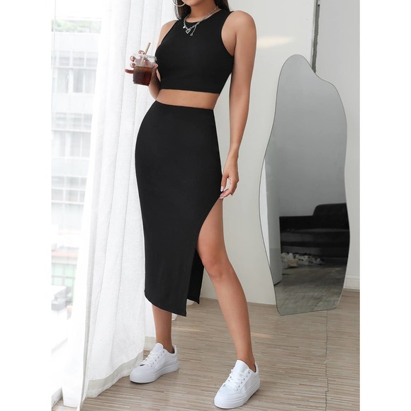 2 piece set: Tank crop Top & Split Thigh midi Skirt set black - Picture 1 of 7